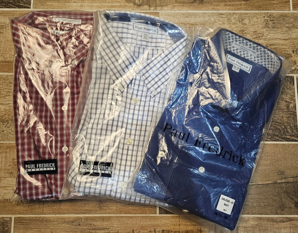 Lot of 3 NEW Paul Fredrick Dress Shirts 18.5 36 Two-Ply Cotton Non-Iron Trim Fit